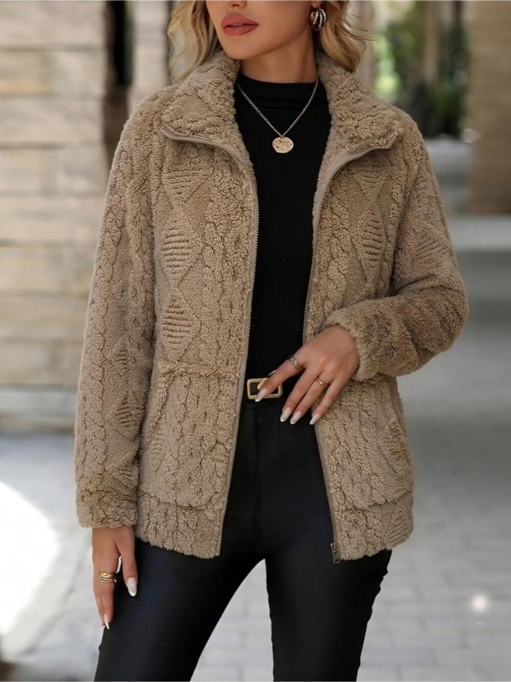 Women's Diamond Khaki Zip Stand Collar Fleece Sherpa Pockets long sleeve Jacket - Picture 2 of 6